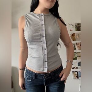 Light Gray Ribbed Button-Up Top